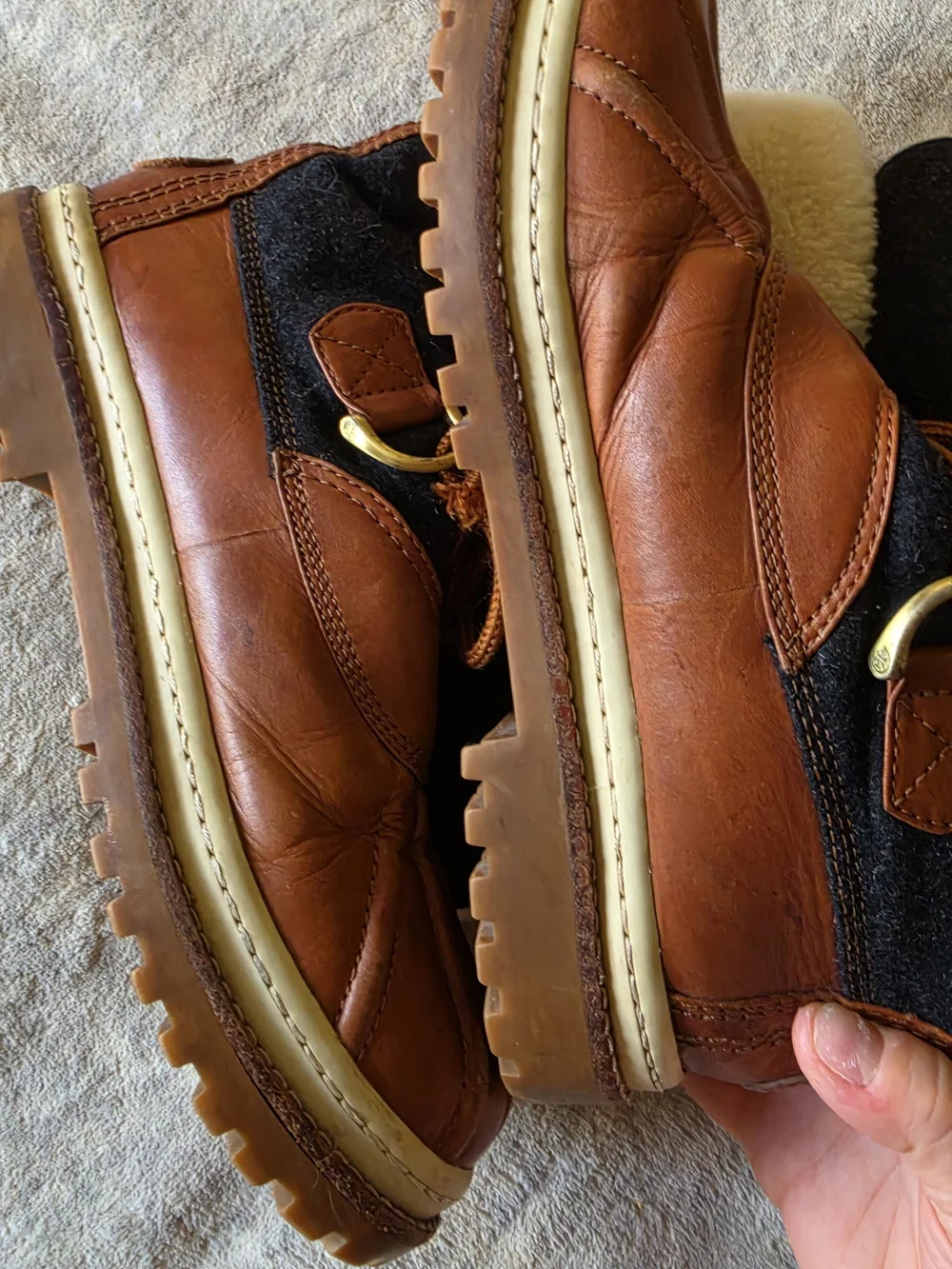 Tory Burch Jada shearling-lined duck boots dark grey flannel brown leather